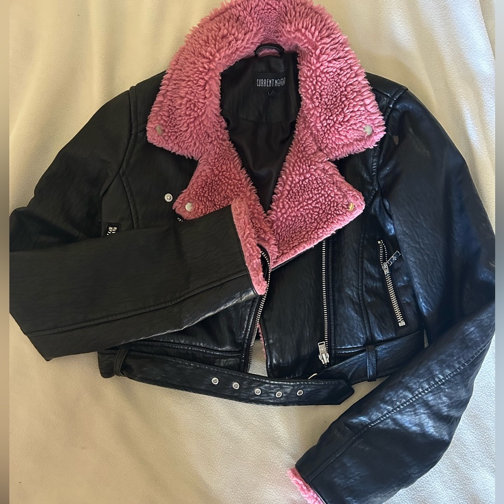 Black Faux Leather Bomber Jacket with pink faux fur trim by Current Mood